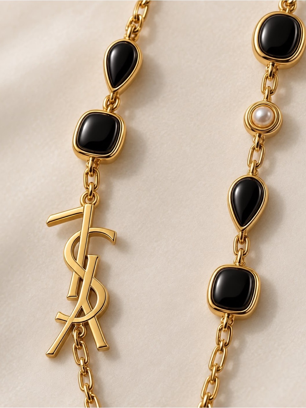 Yves Saint Laurent Gold Chain Necklace with Black Cabochons and Pearl Accent